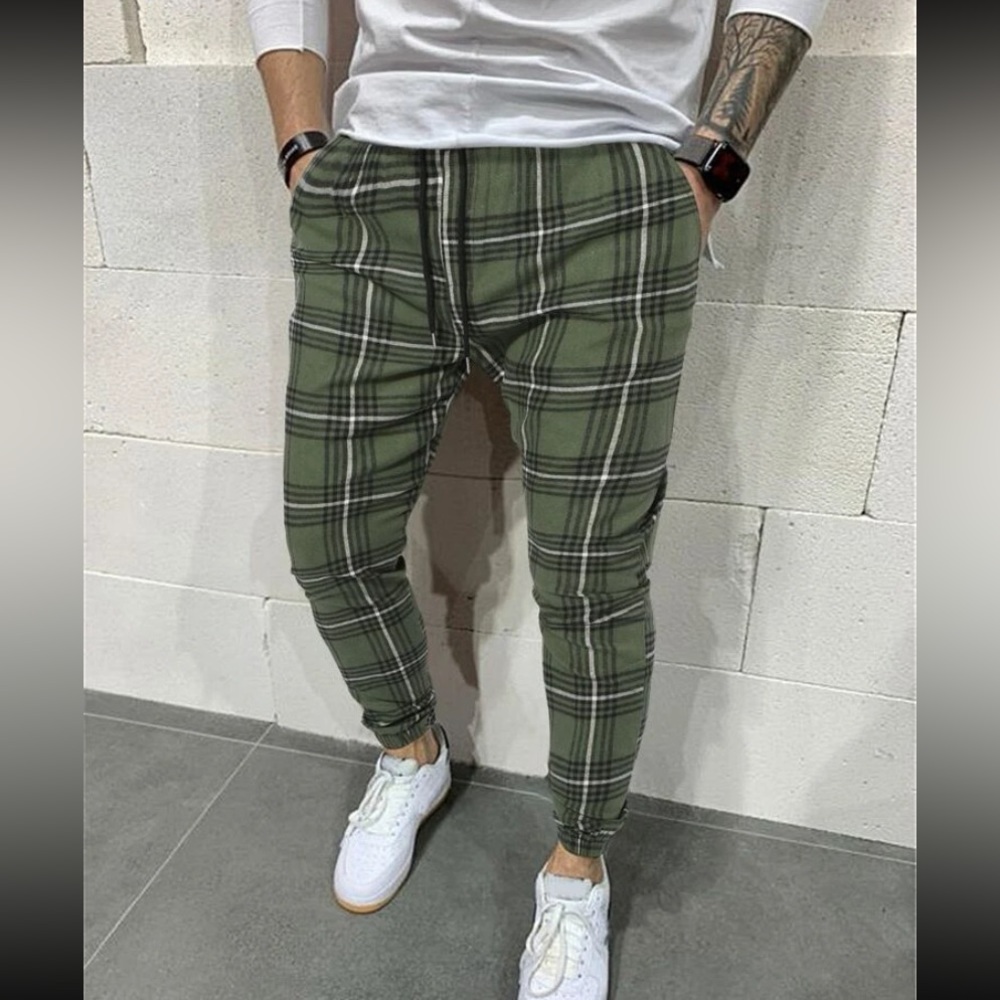 ✨ Mens Olive Green Drawstring Plaid Pants ✨